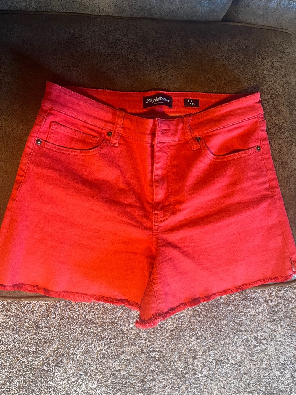 Bright Red High-Rise Denim Cutoff Shorts by Flying Monkey